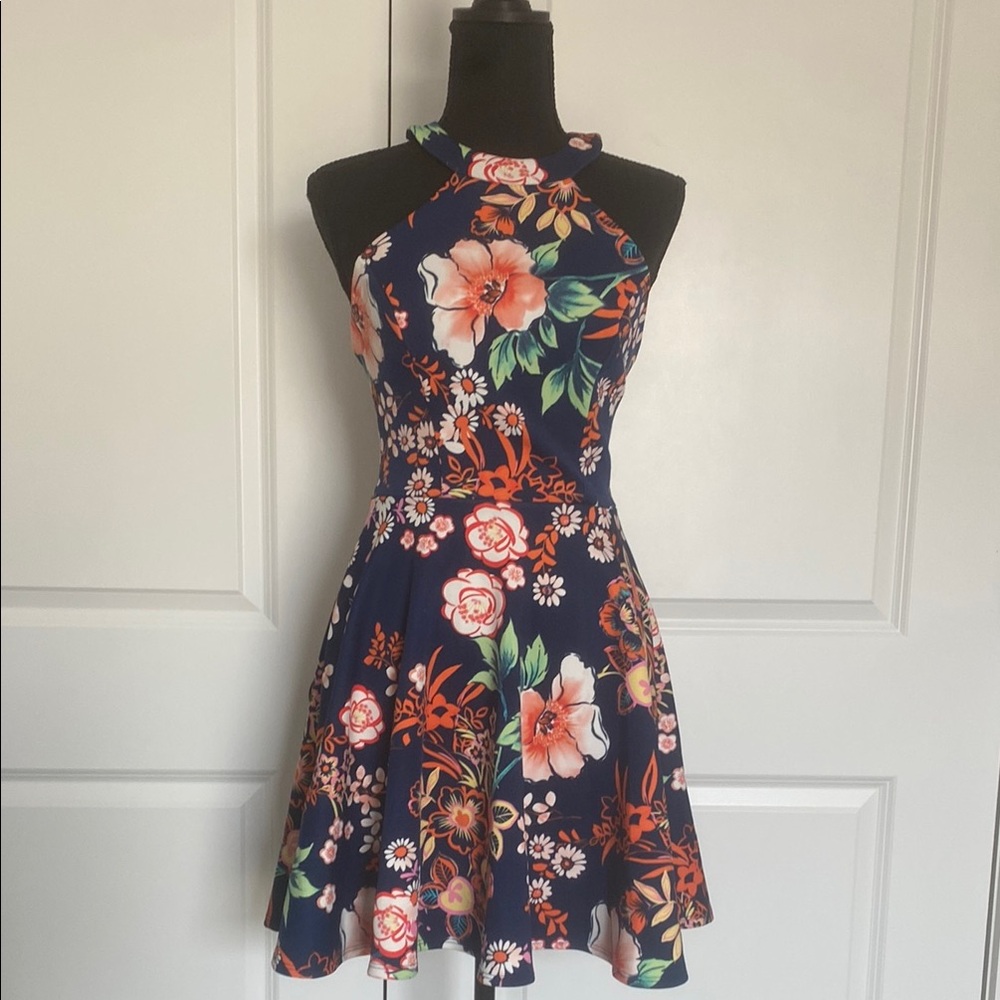 B Darlin Floral Halter Dress‎ - Navy and Orange